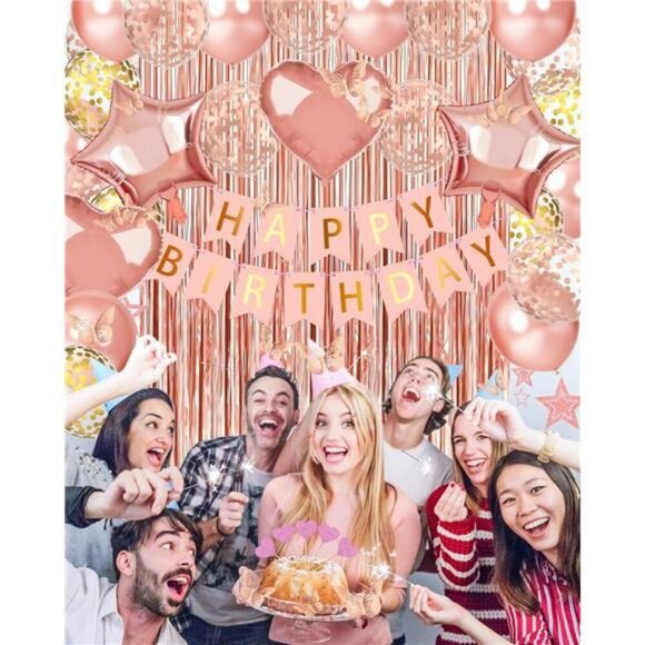 Rose Gold Birthday Party Decorations Banner Balloons Curtain Backdrop Set - Picture 2 of 7